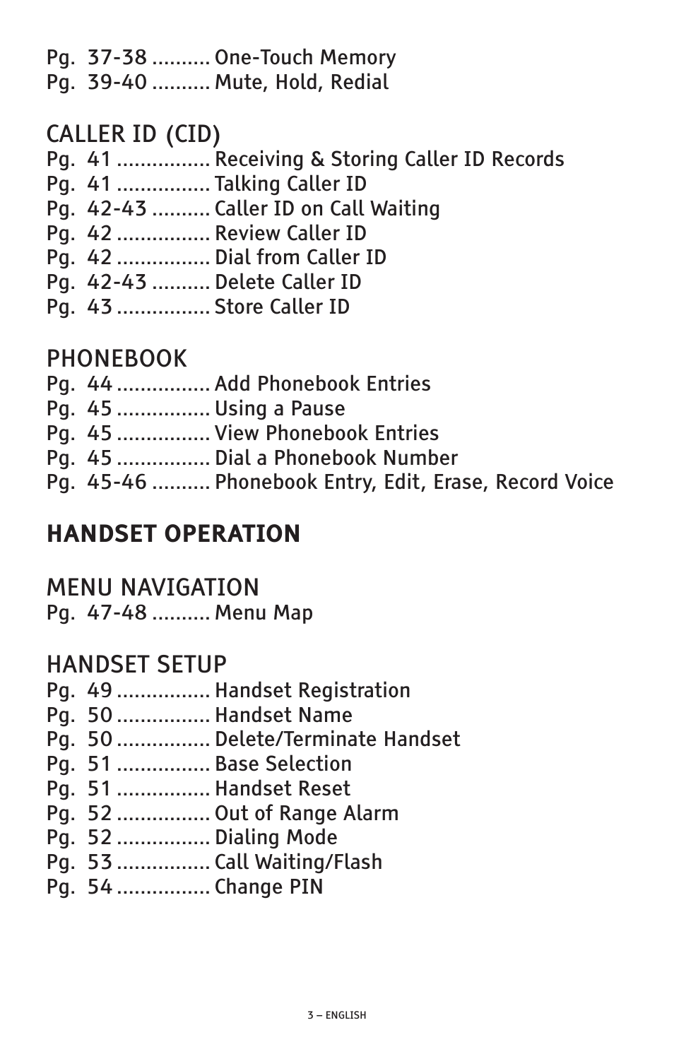 Caller id (cid), Phonebook, Handset operation menu navigation | Handset setup | ClearSounds PHONE A1600 User Manual | Page 3 / 96