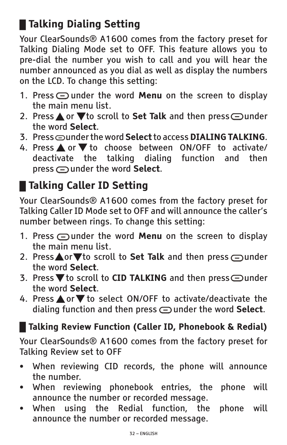 Talking dialing setting, Talking caller id setting | ClearSounds PHONE A1600 User Manual | Page 32 / 96