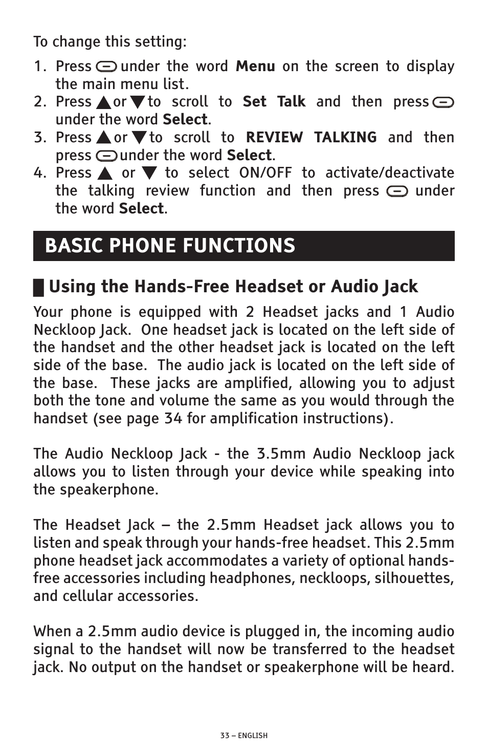 Basic phone functions, Using the hands-free headset or audio jack | ClearSounds PHONE A1600 User Manual | Page 33 / 96