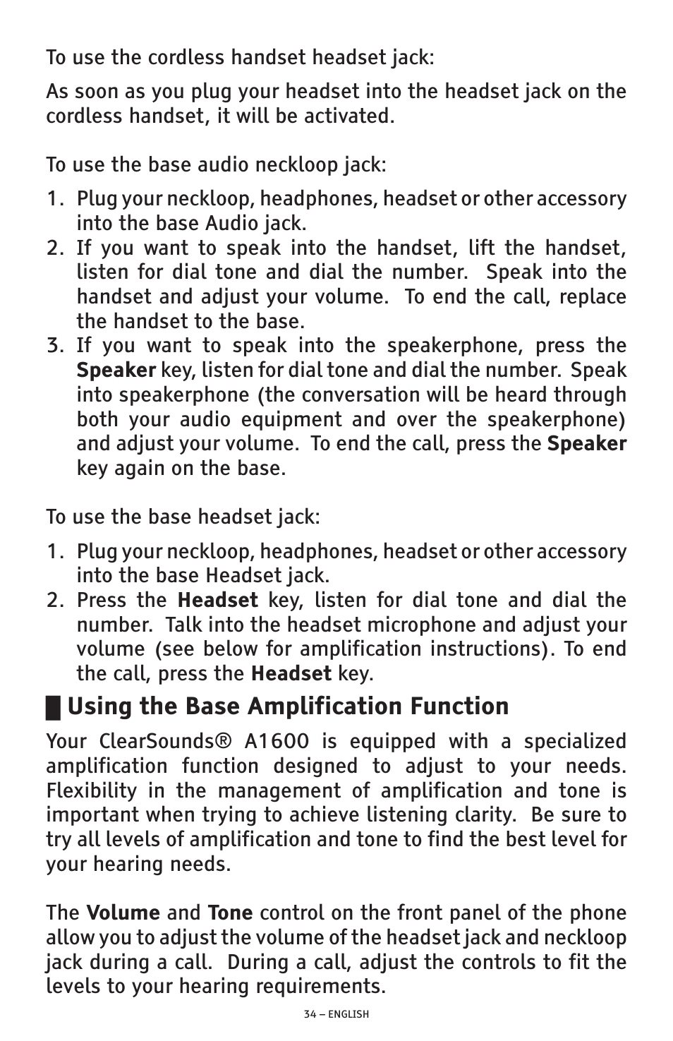 Using the base amplification function | ClearSounds PHONE A1600 User Manual | Page 34 / 96