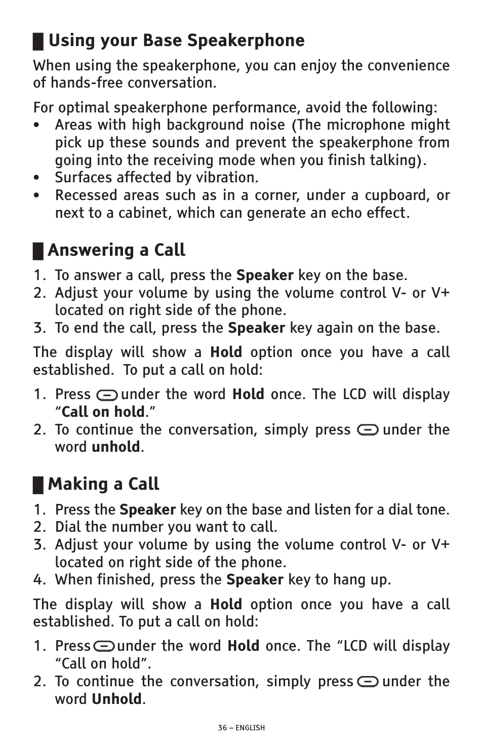 Using your base speakerphone, Answering a call, Making a call | ClearSounds PHONE A1600 User Manual | Page 36 / 96