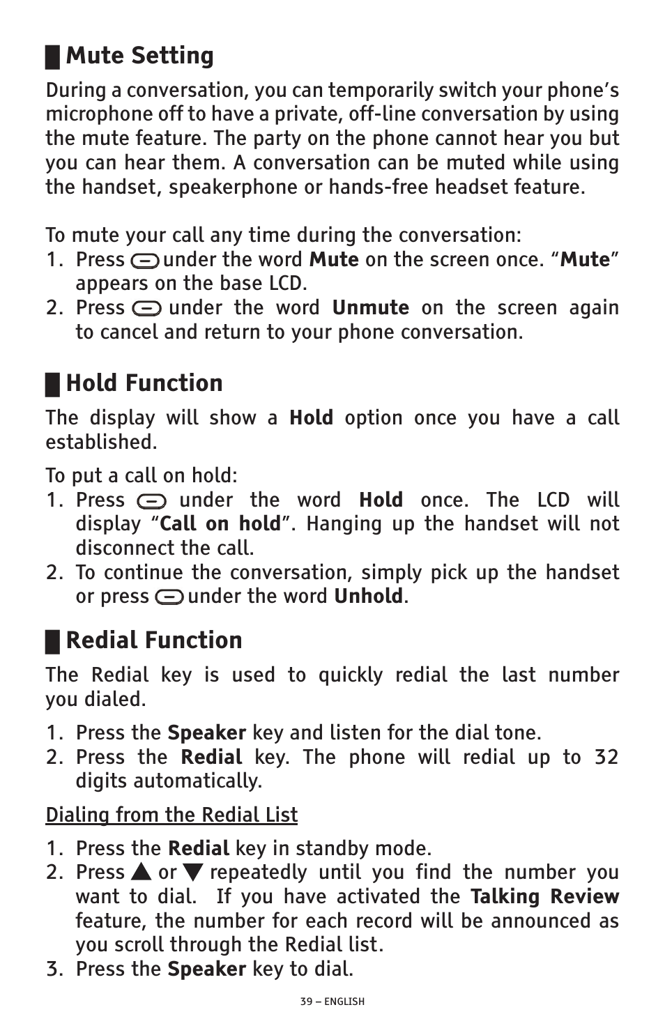 Mute setting, Hold function, Redial function | ClearSounds PHONE A1600 User Manual | Page 39 / 96