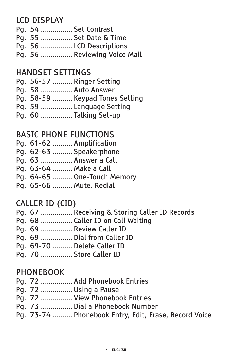 Lcd display, Handset settings, Basic phone functions | Caller id (cid), Phonebook | ClearSounds PHONE A1600 User Manual | Page 4 / 96