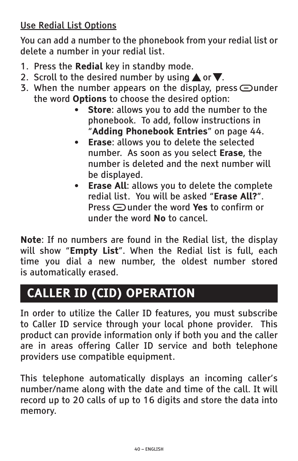 Caller id (cid) operation | ClearSounds PHONE A1600 User Manual | Page 40 / 96