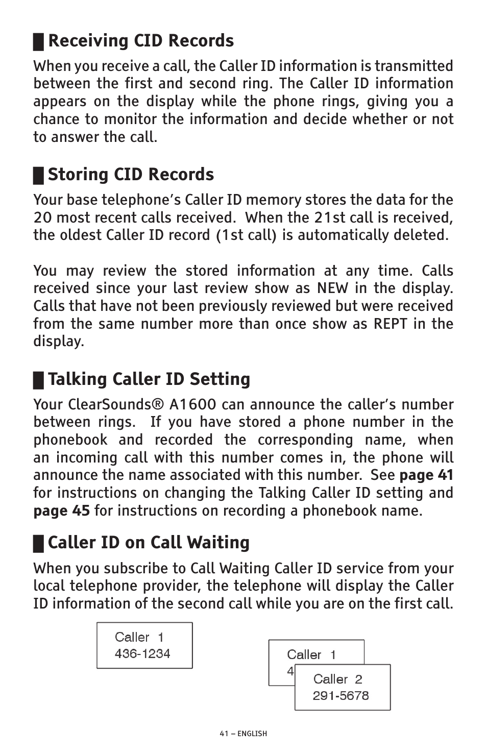 Receiving cid records, Storing cid records, Talking caller id setting | Caller id on call waiting | ClearSounds PHONE A1600 User Manual | Page 41 / 96