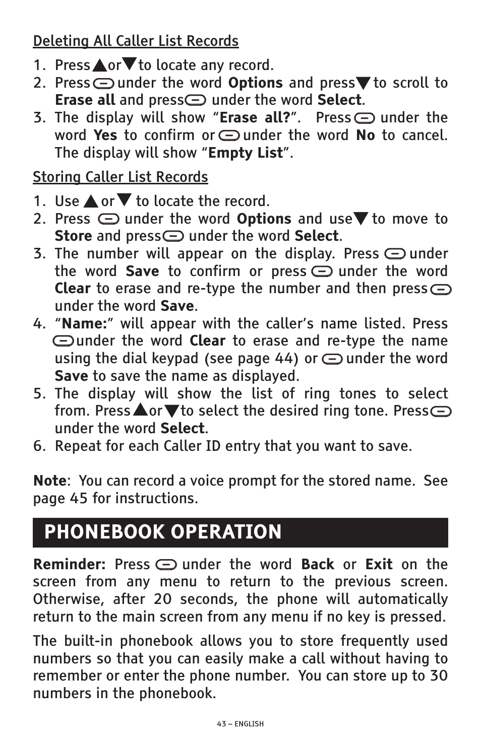 Phonebook operation | ClearSounds PHONE A1600 User Manual | Page 43 / 96