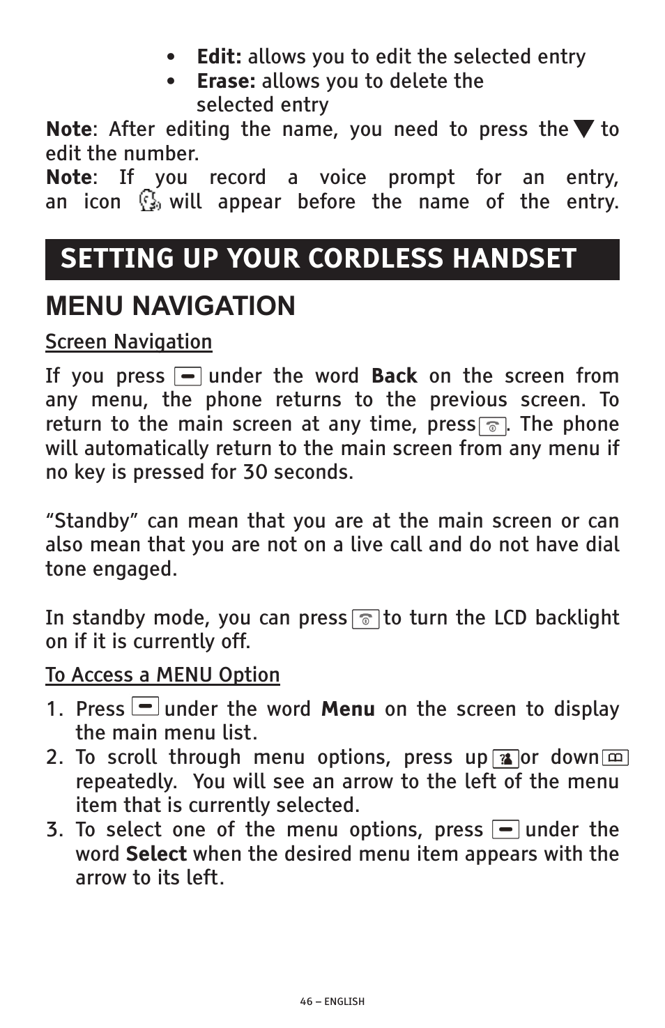 Menu navigation, Setting up your cordless handset | ClearSounds PHONE A1600 User Manual | Page 46 / 96