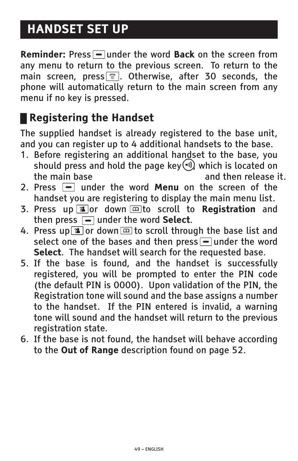 Untitled, Handset set up, Registering the handset | ClearSounds PHONE A1600 User Manual | Page 49 / 96