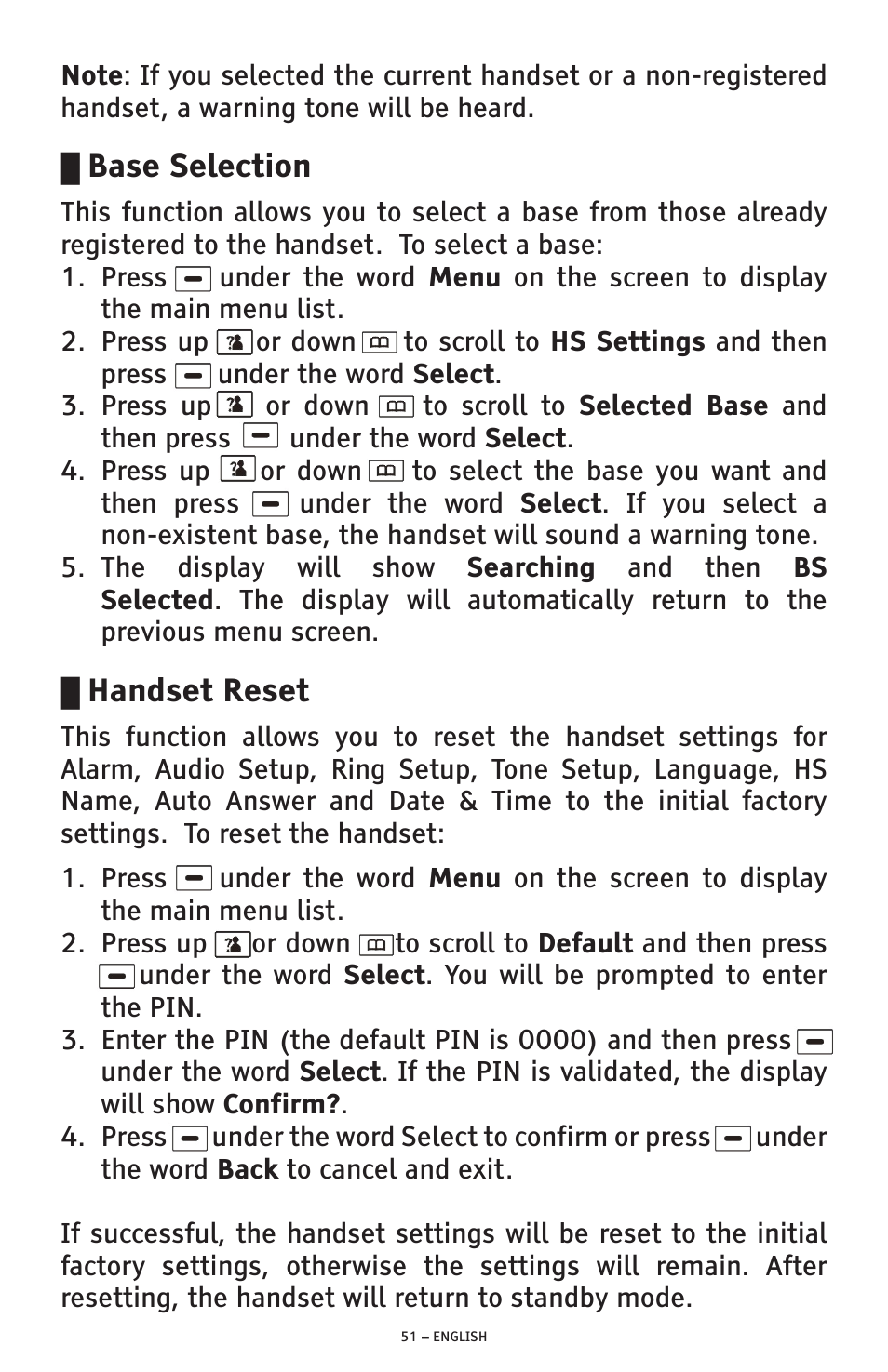 Base selection, Handset reset | ClearSounds PHONE A1600 User Manual | Page 51 / 96