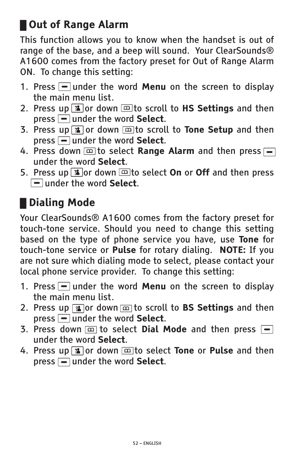 Out of range alarm, Dialing mode | ClearSounds PHONE A1600 User Manual | Page 52 / 96