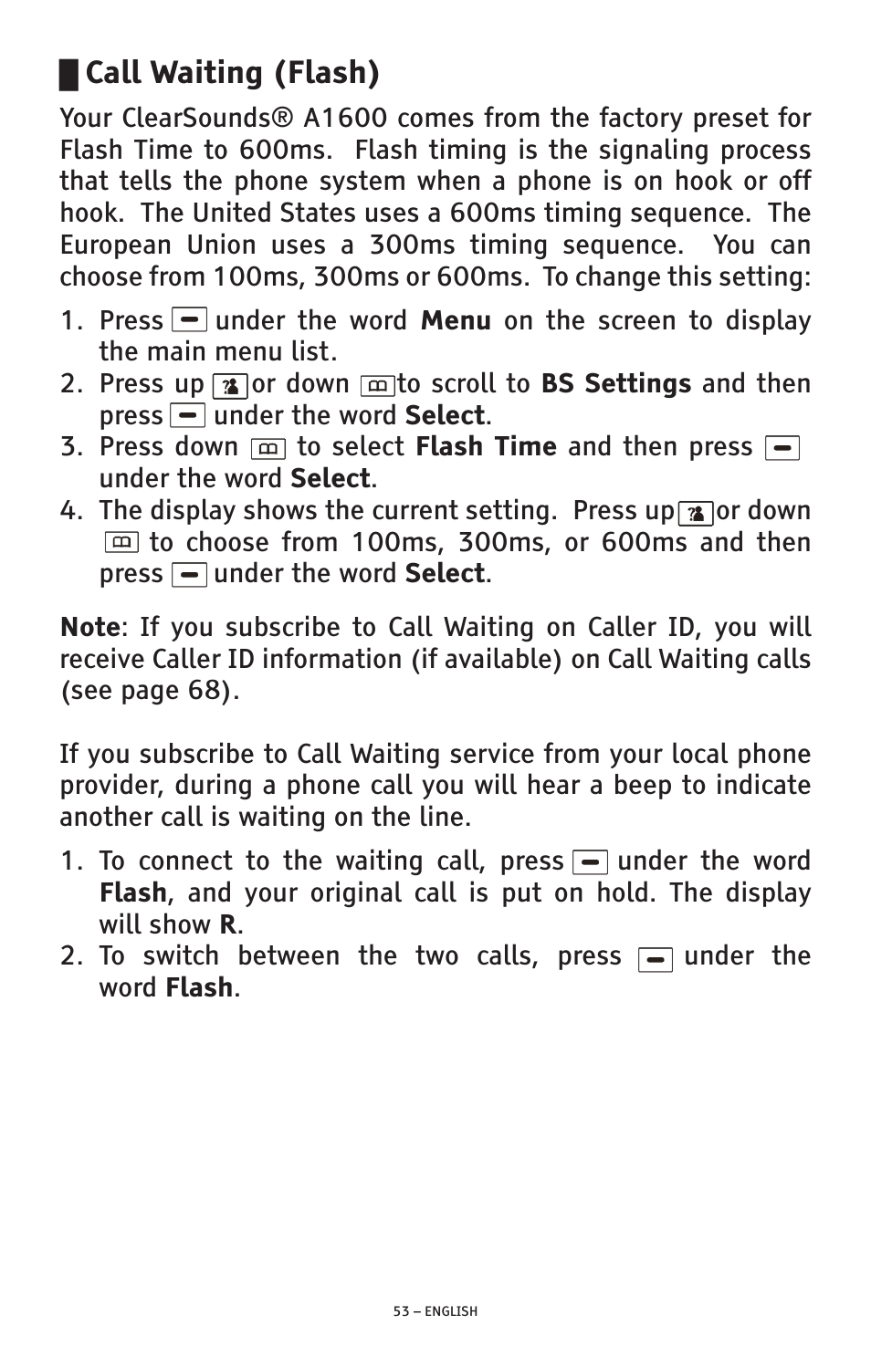 Call waiting (flash) | ClearSounds PHONE A1600 User Manual | Page 53 / 96