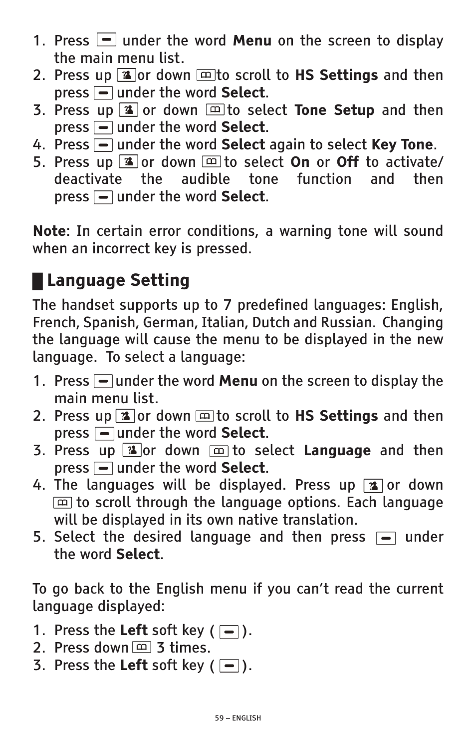 Language setting | ClearSounds PHONE A1600 User Manual | Page 59 / 96