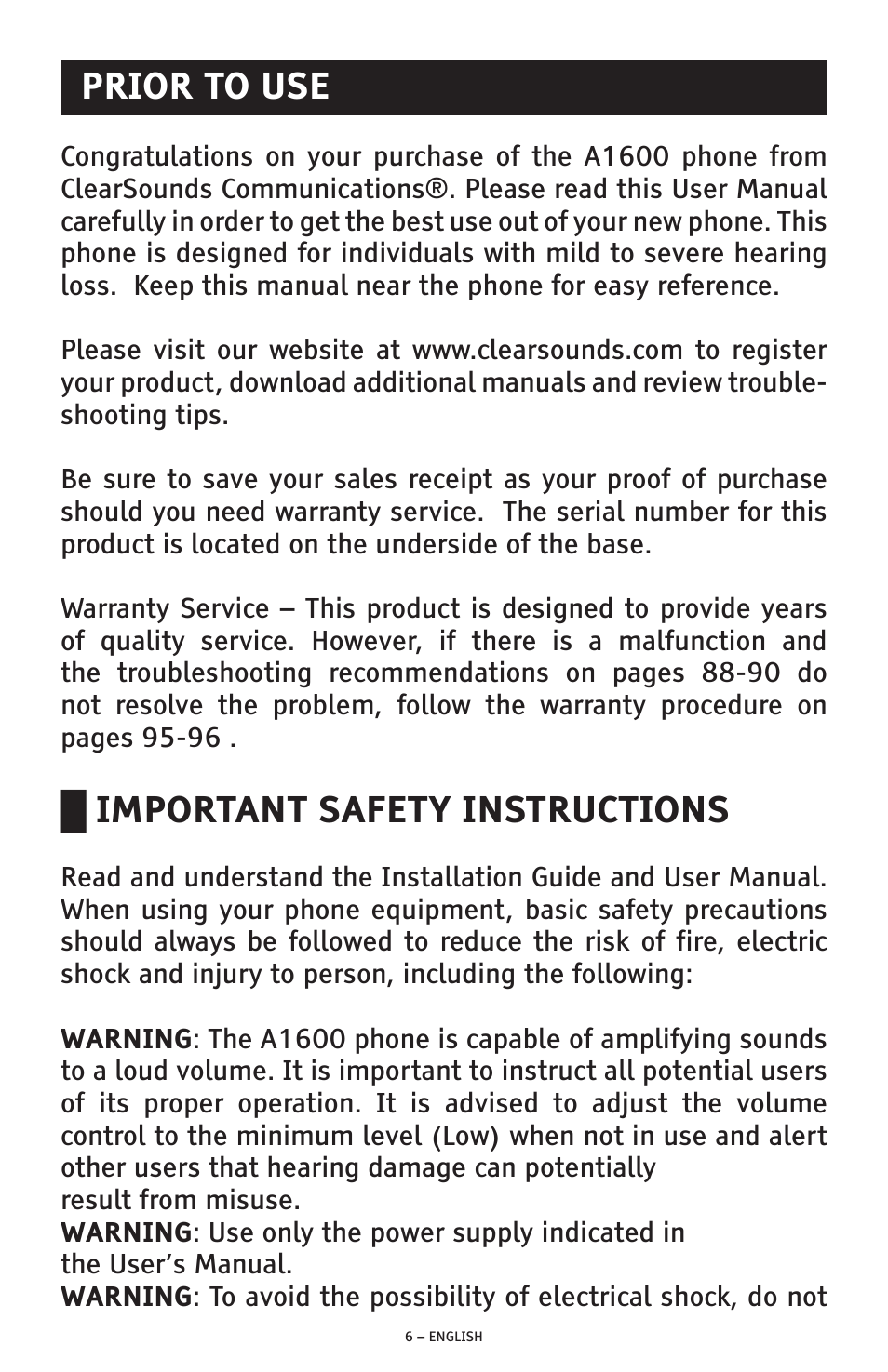 Prior to use, Important safety instructions | ClearSounds PHONE A1600 User Manual | Page 6 / 96