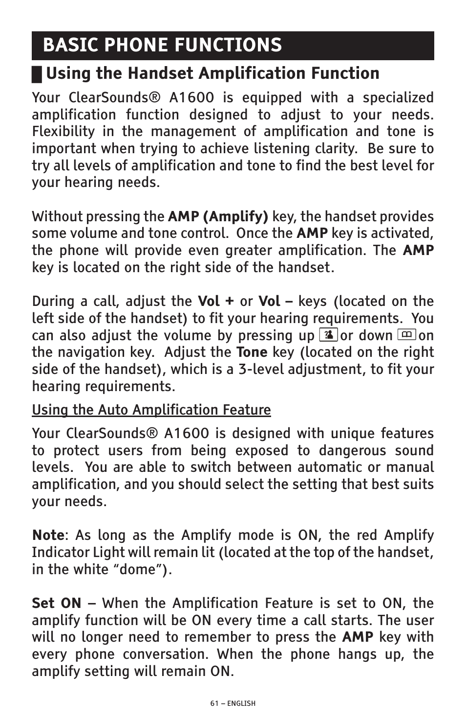 Basic phone functions, Using the handset amplification function | ClearSounds PHONE A1600 User Manual | Page 61 / 96