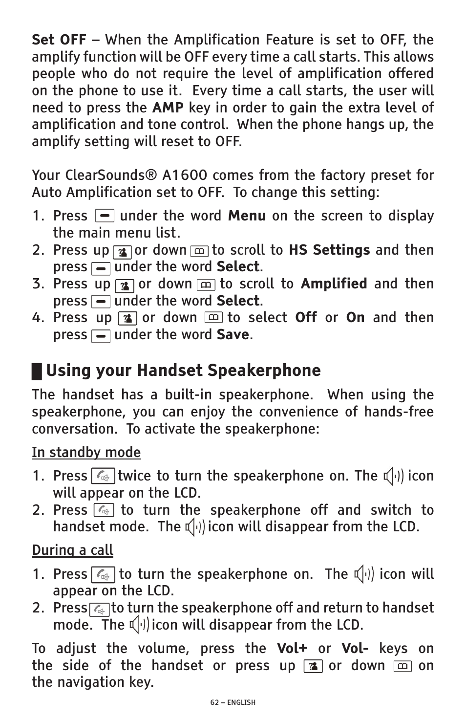 Using your handset speakerphone | ClearSounds PHONE A1600 User Manual | Page 62 / 96