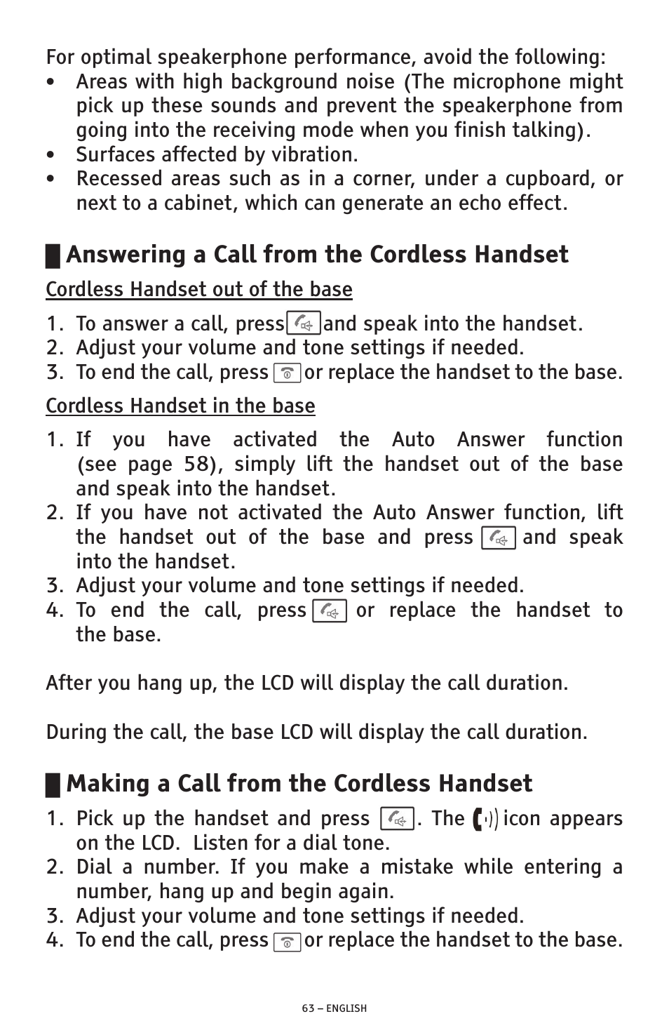 Answering a call from the cordless handset, Making a call from the cordless handset | ClearSounds PHONE A1600 User Manual | Page 63 / 96