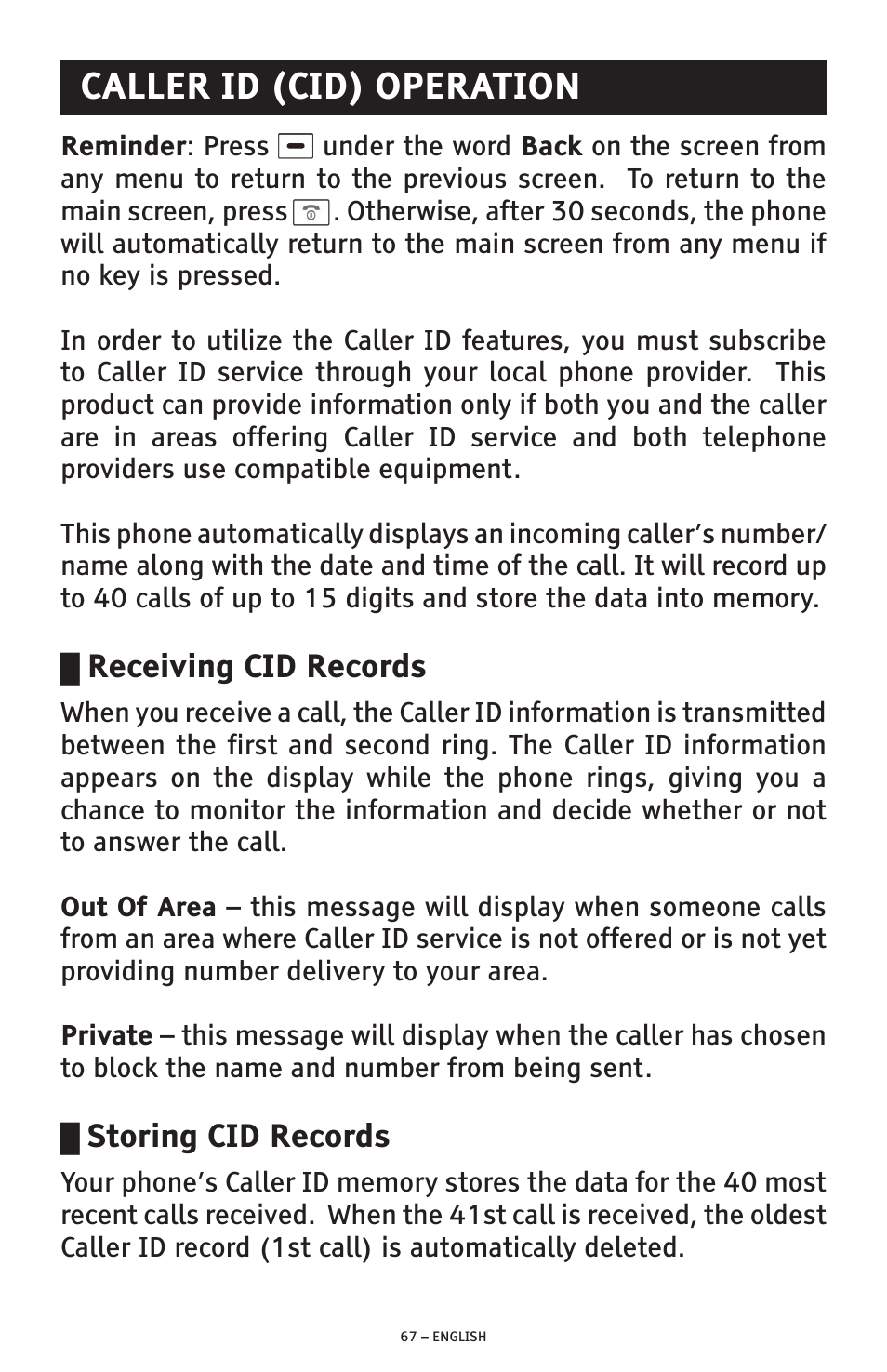 Caller id (cid) operation, Receiving cid records, Storing cid records | ClearSounds PHONE A1600 User Manual | Page 67 / 96