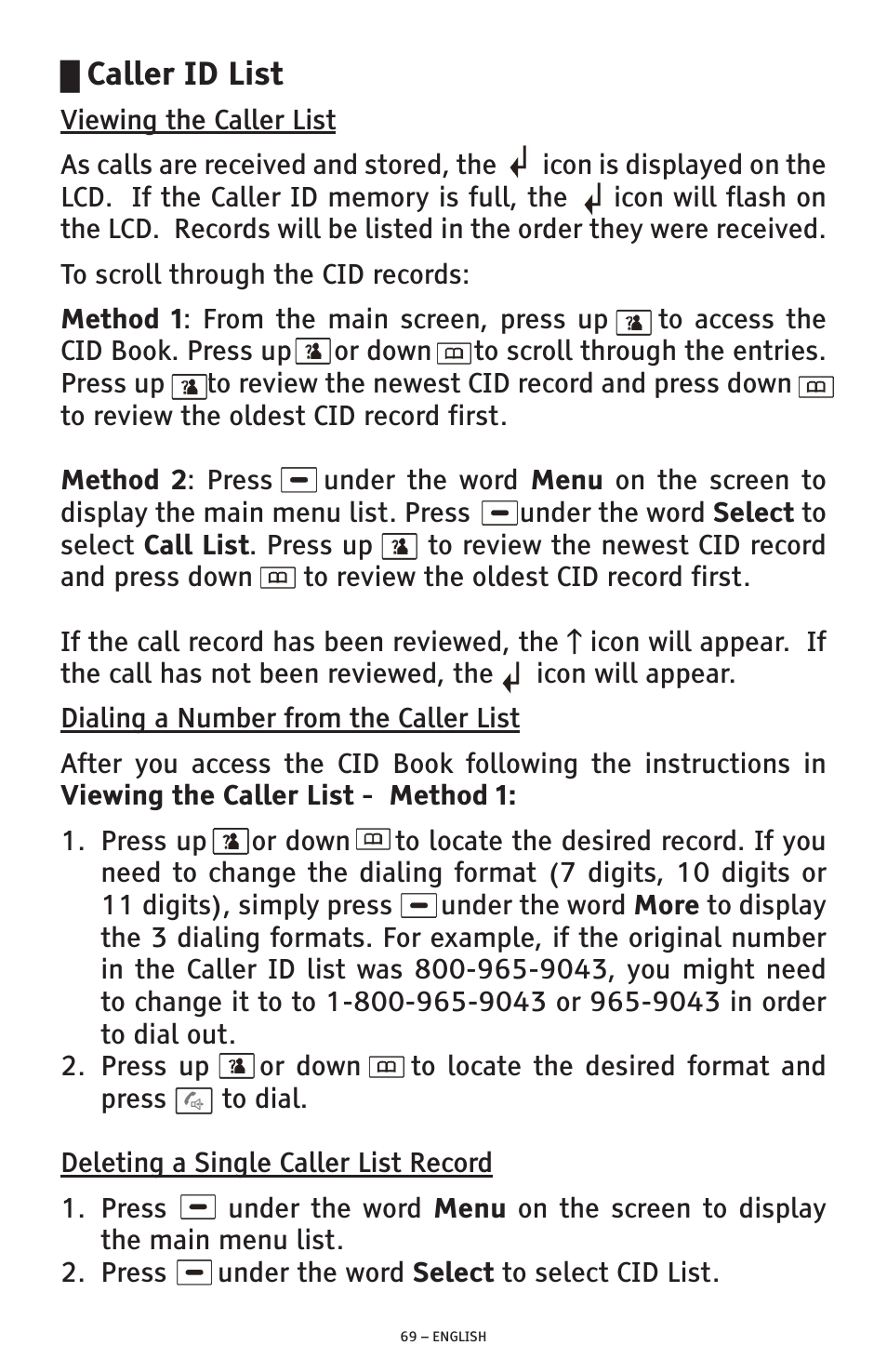 Caller id list | ClearSounds PHONE A1600 User Manual | Page 69 / 96