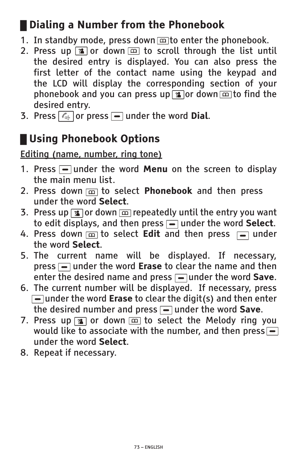 Dialing a number from the phonebook, Using phonebook options | ClearSounds PHONE A1600 User Manual | Page 73 / 96