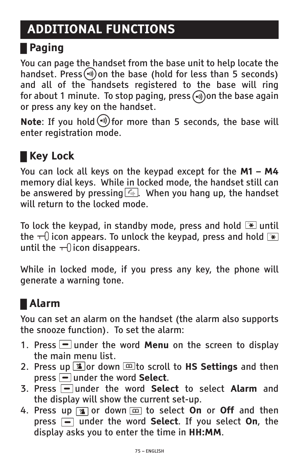 Additional functions, Paging, Key lock | Alarm | ClearSounds PHONE A1600 User Manual | Page 75 / 96