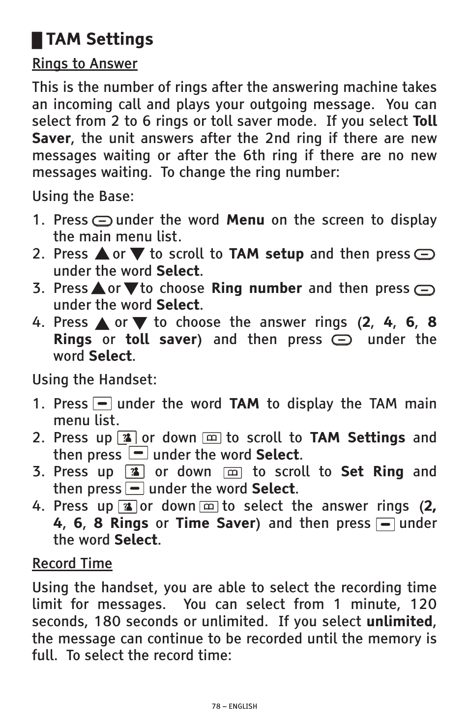 Tam settings | ClearSounds PHONE A1600 User Manual | Page 78 / 96