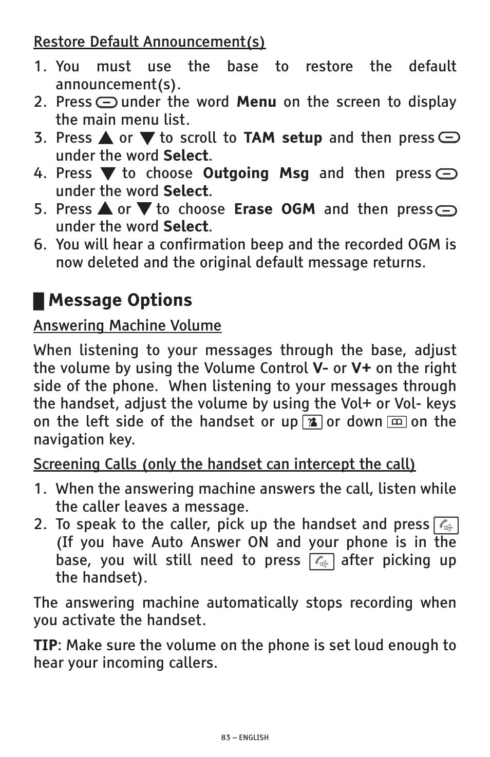 Message options | ClearSounds PHONE A1600 User Manual | Page 83 / 96