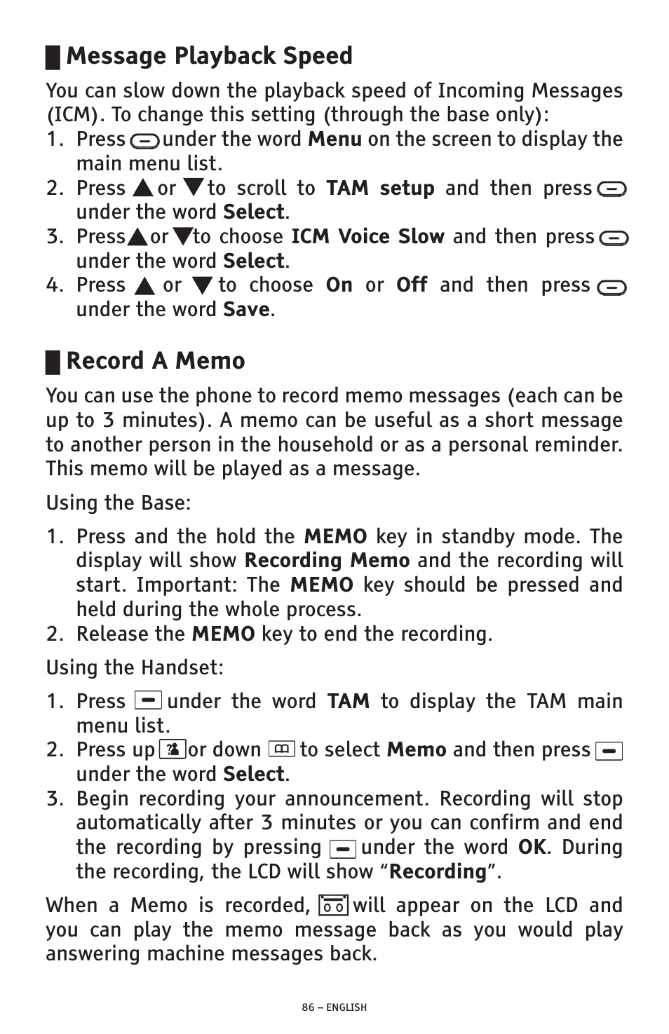 Message playback speed | ClearSounds PHONE A1600 User Manual | Page 86 / 96