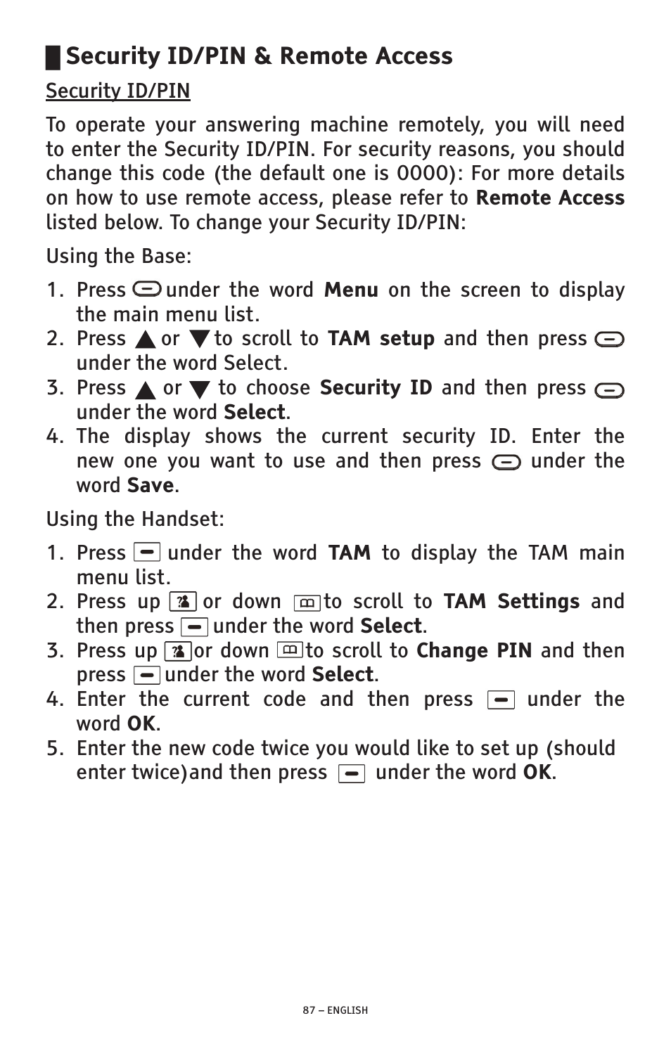 Security id/pin & remote access | ClearSounds PHONE A1600 User Manual | Page 87 / 96