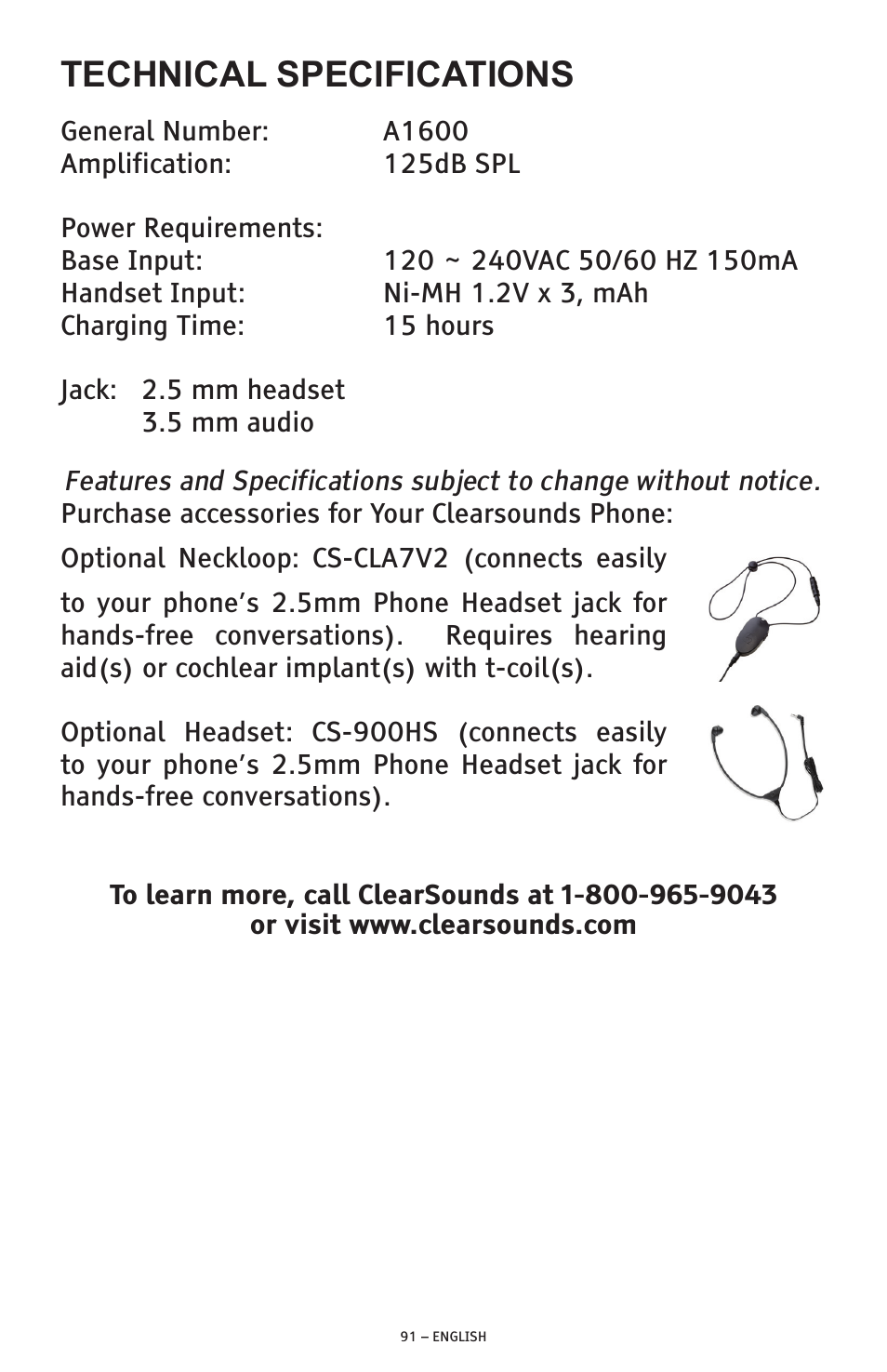 Technical specifications | ClearSounds PHONE A1600 User Manual | Page 91 / 96