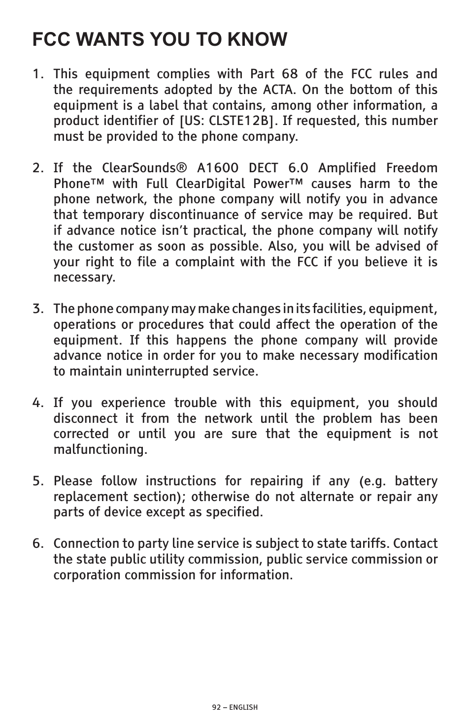 Fcc wants you to know | ClearSounds PHONE A1600 User Manual | Page 92 / 96