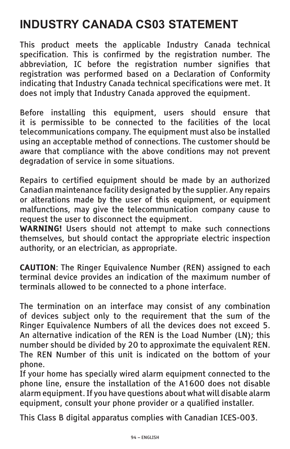 Industry canada cs03 statement | ClearSounds PHONE A1600 User Manual | Page 94 / 96