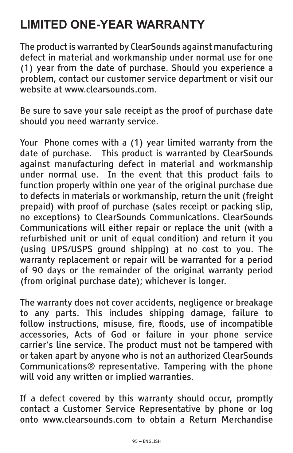 Limited one-year warranty | ClearSounds PHONE A1600 User Manual | Page 95 / 96