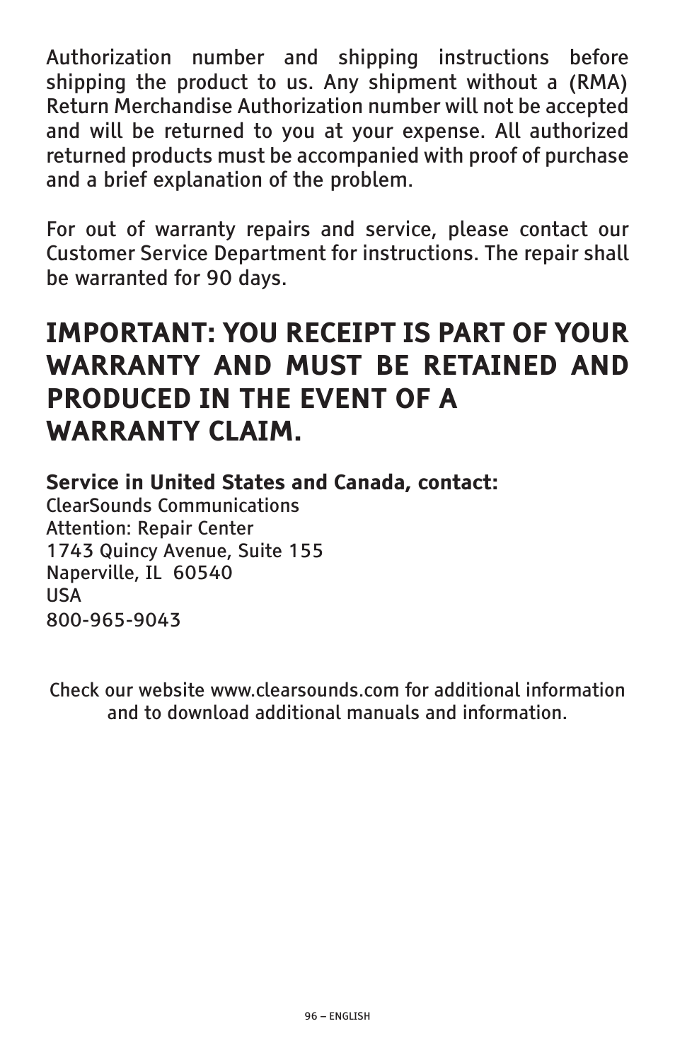 ClearSounds PHONE A1600 User Manual | Page 96 / 96