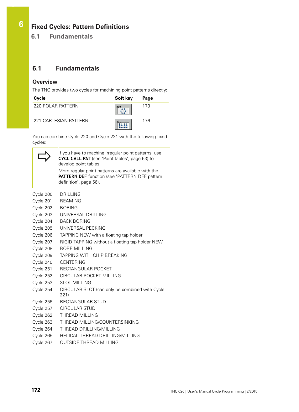 1 fundamentals, Overview, Fundamentals | Fixed cycles: pattern definitions 6.1 fundamentals | HEIDENHAIN TNC 620 (81760x-02) Cycle programming User Manual | Page 172 / 490