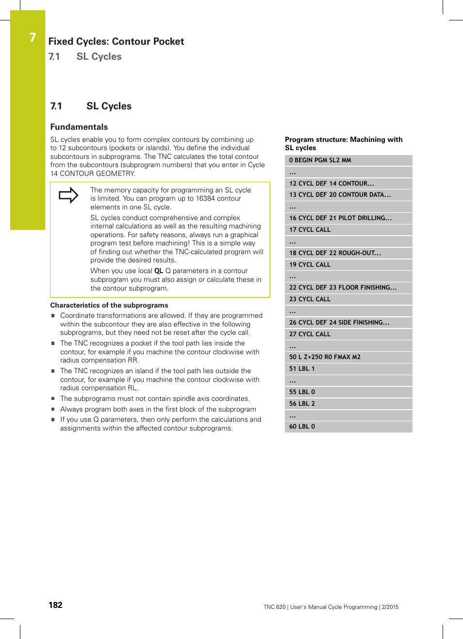 1 sl cycles, Fundamentals, Sl cycles | Fixed cycles: contour pocket 7.1 sl cycles | HEIDENHAIN TNC 620 (81760x-02) Cycle programming User Manual | Page 182 / 490