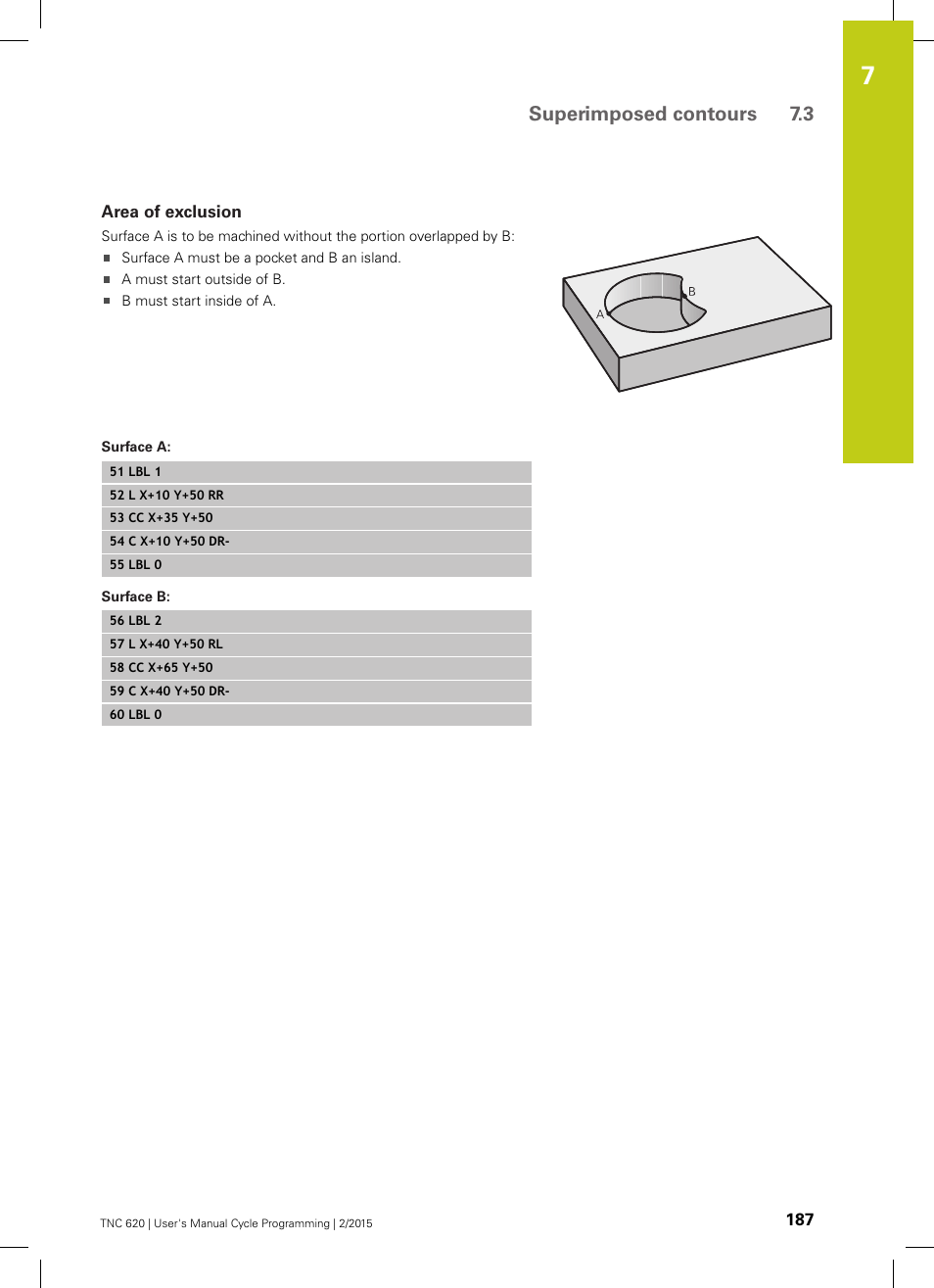 Area of exclusion, Surface b, Superimposed contours 7.3 | HEIDENHAIN TNC 620 (81760x-02) Cycle programming User Manual | Page 187 / 490