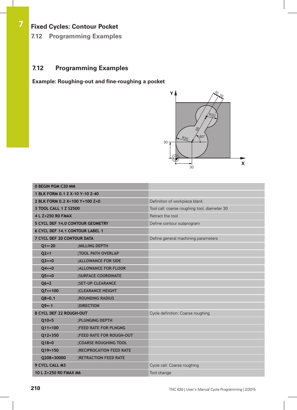 12 programming examples, Example: roughing-out and fine-roughing a pocket, Programming examples | HEIDENHAIN TNC 620 (81760x-02) Cycle programming User Manual | Page 210 / 490