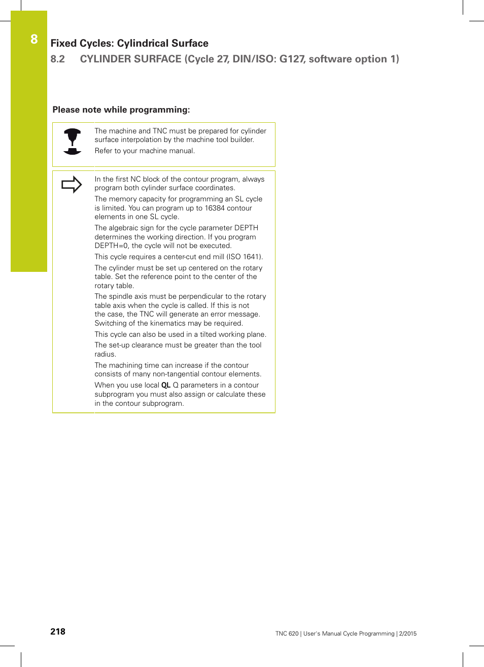 Please note while programming | HEIDENHAIN TNC 620 (81760x-02) Cycle programming User Manual | Page 218 / 490
