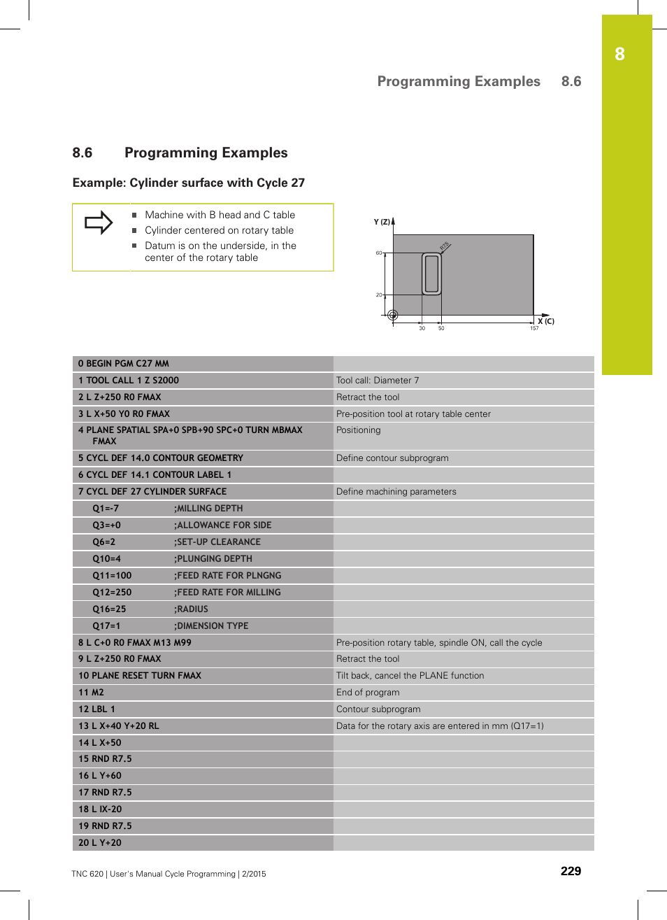 6 programming examples, Example: cylinder surface with cycle 27, Programming examples | Programming examples 8.6 | HEIDENHAIN TNC 620 (81760x-02) Cycle programming User Manual | Page 229 / 490