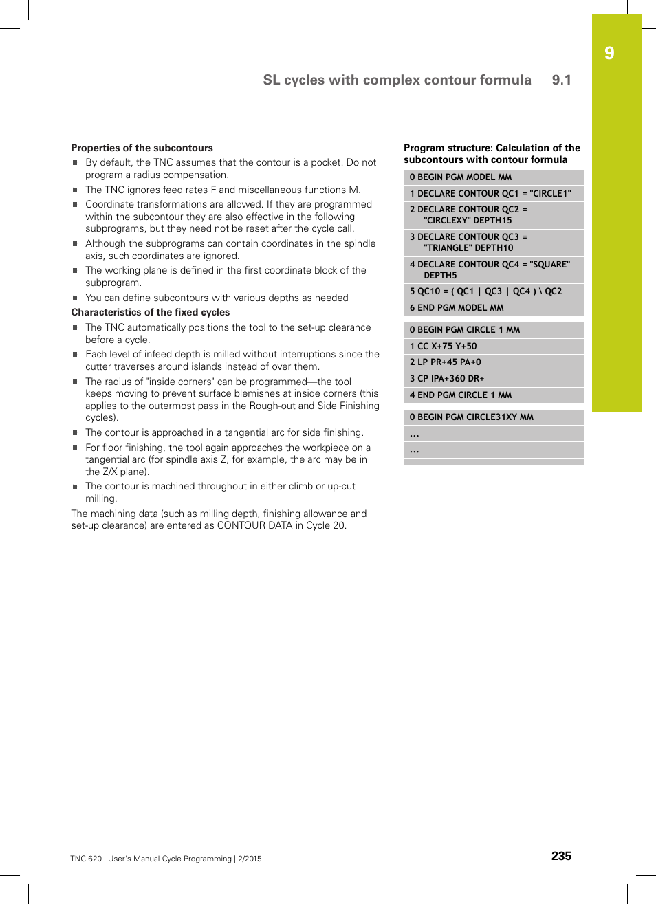 Sl cycles with complex contour formula 9.1 | HEIDENHAIN TNC 620 (81760x-02) Cycle programming User Manual | Page 235 / 490
