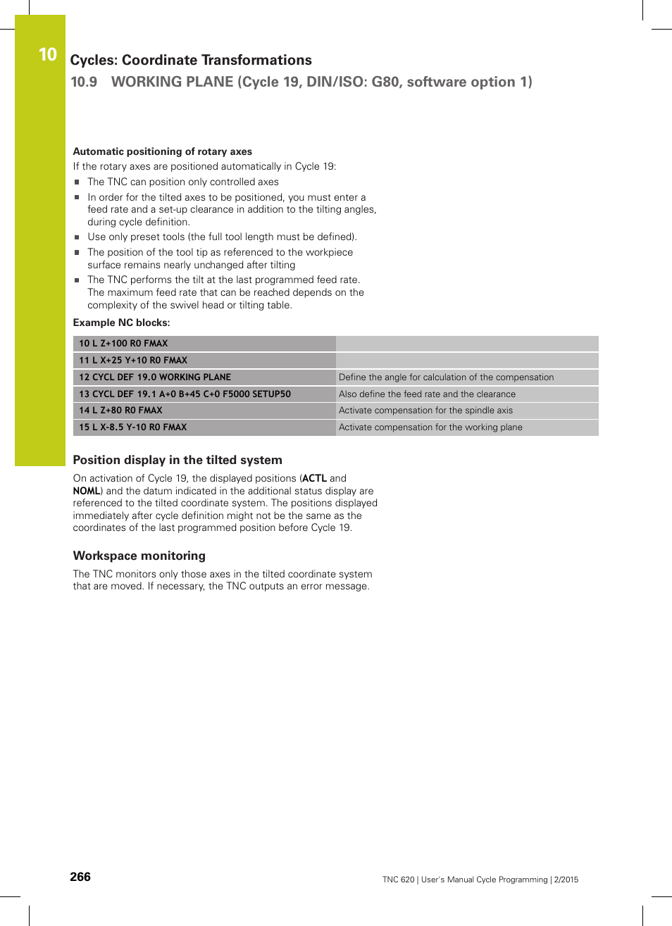 Example nc blocks, Position display in the tilted system, Workspace monitoring | HEIDENHAIN TNC 620 (81760x-02) Cycle programming User Manual | Page 266 / 490