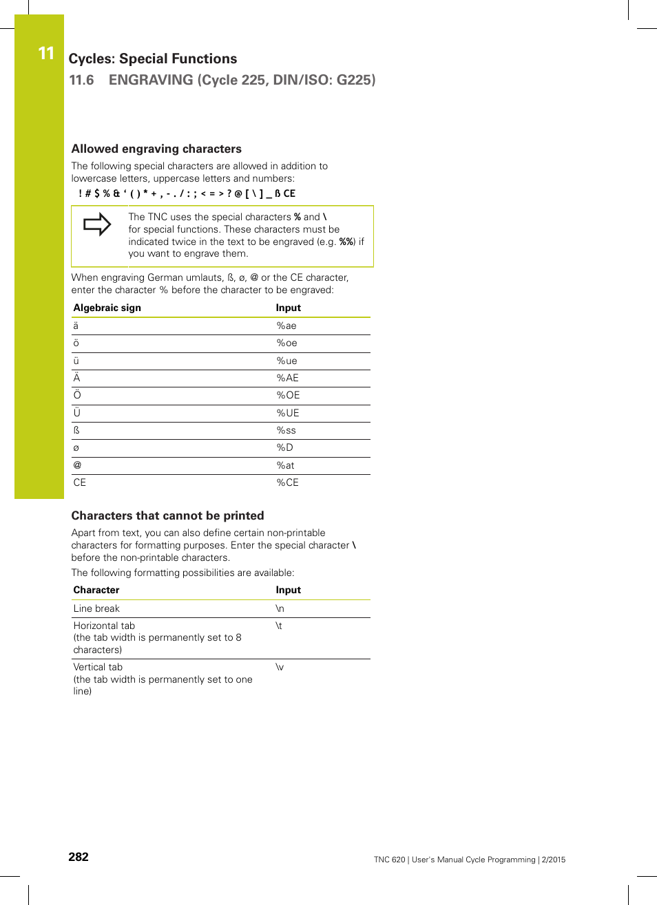 Allowed engraving characters, Characters that cannot be printed | HEIDENHAIN TNC 620 (81760x-02) Cycle programming User Manual | Page 282 / 490