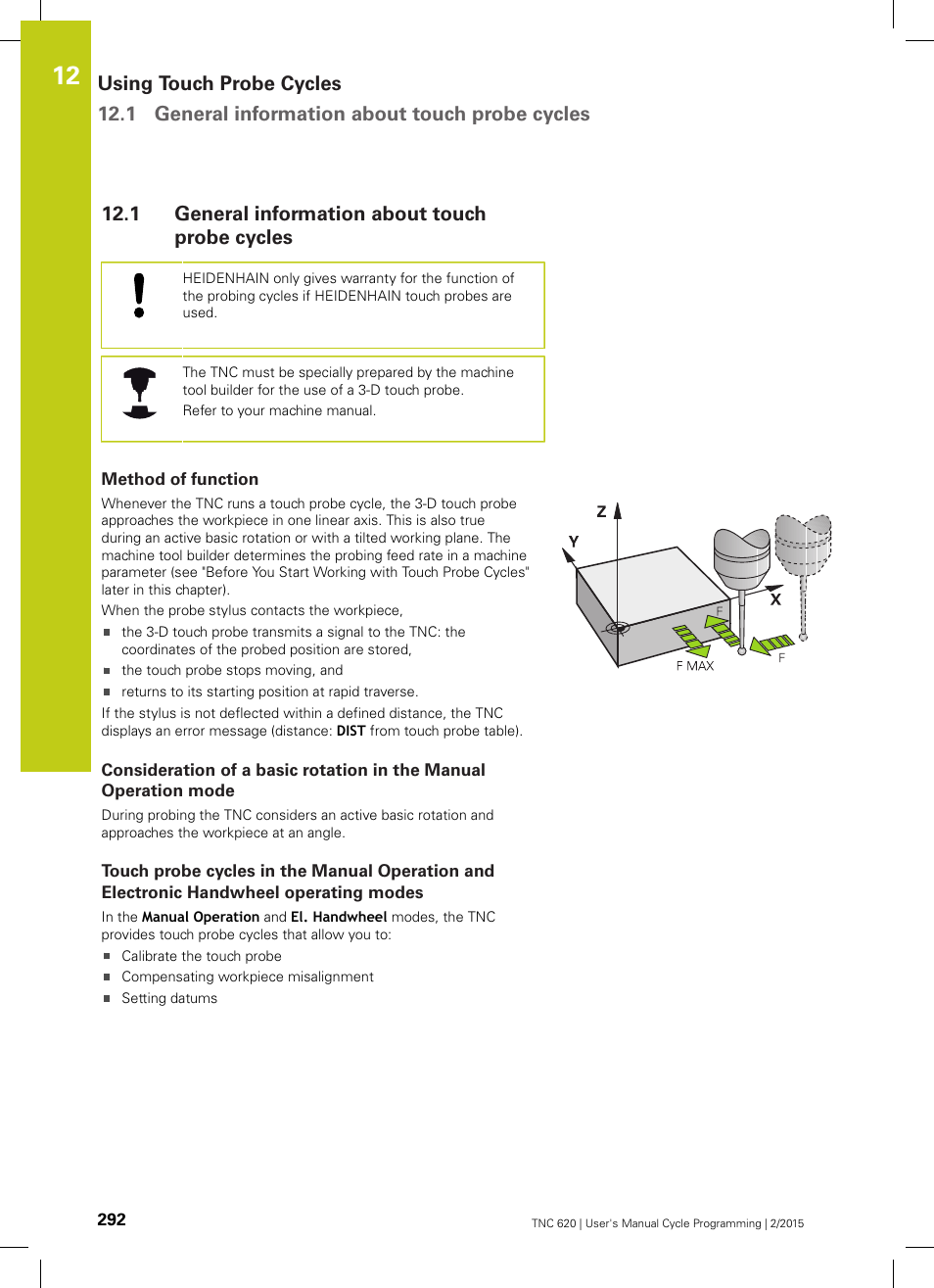 1 general information about touch probe cycles, Method of function, General information about touch probe cycles | HEIDENHAIN TNC 620 (81760x-02) Cycle programming User Manual | Page 292 / 490