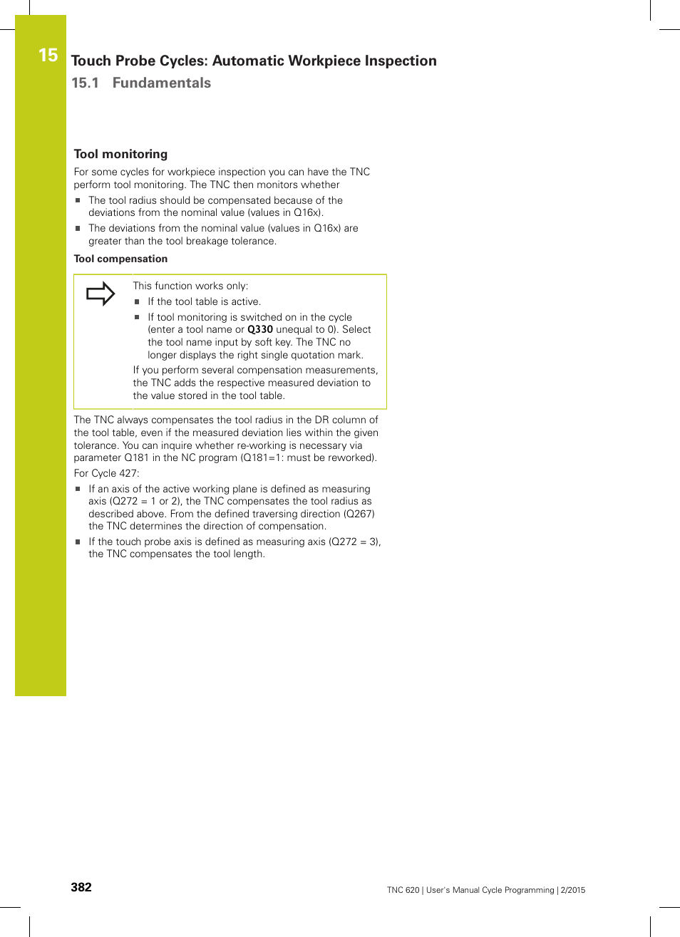 Tool monitoring | HEIDENHAIN TNC 620 (81760x-02) Cycle programming User Manual | Page 382 / 490