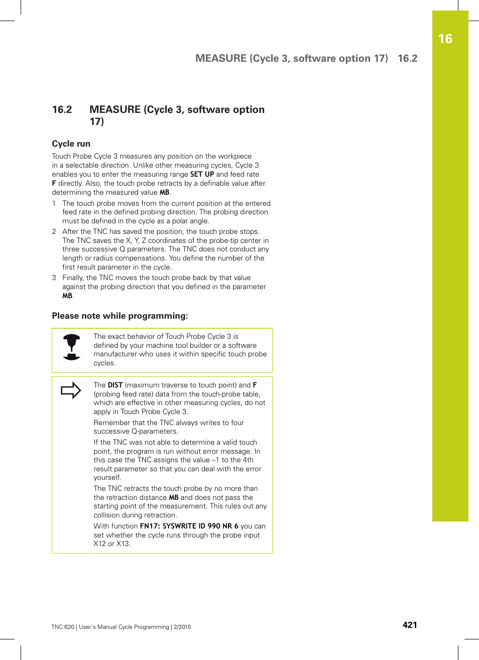 2 measure (cycle 3, software option 17), Cycle run, Please note while programming | Measure (cycle 3, software option 17) | HEIDENHAIN TNC 620 (81760x-02) Cycle programming User Manual | Page 421 / 490