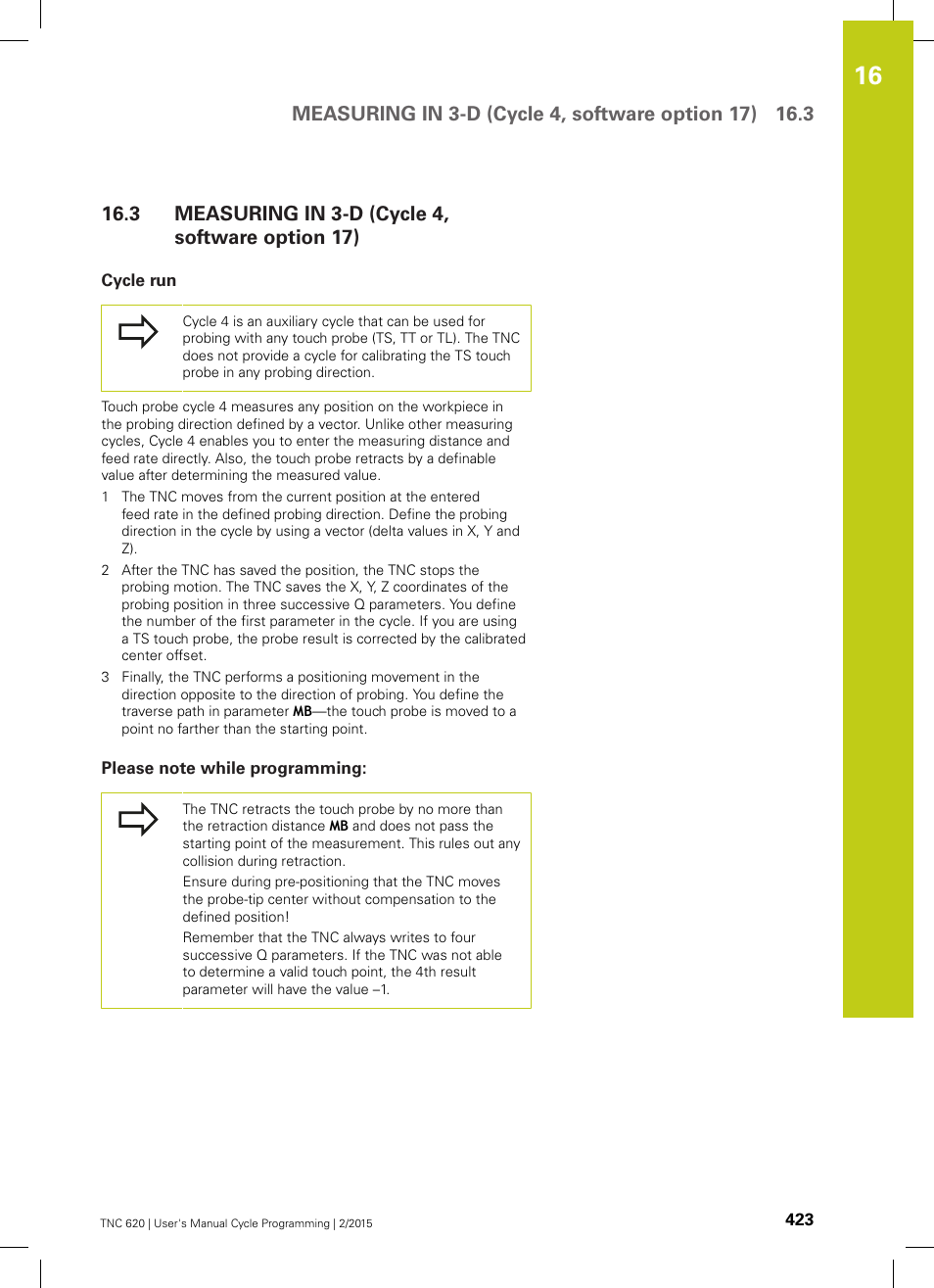 3 measuring in 3-d (cycle 4, software option 17), Cycle run, Please note while programming | Measuring in 3-d (cycle 4, software option 17) | HEIDENHAIN TNC 620 (81760x-02) Cycle programming User Manual | Page 423 / 490