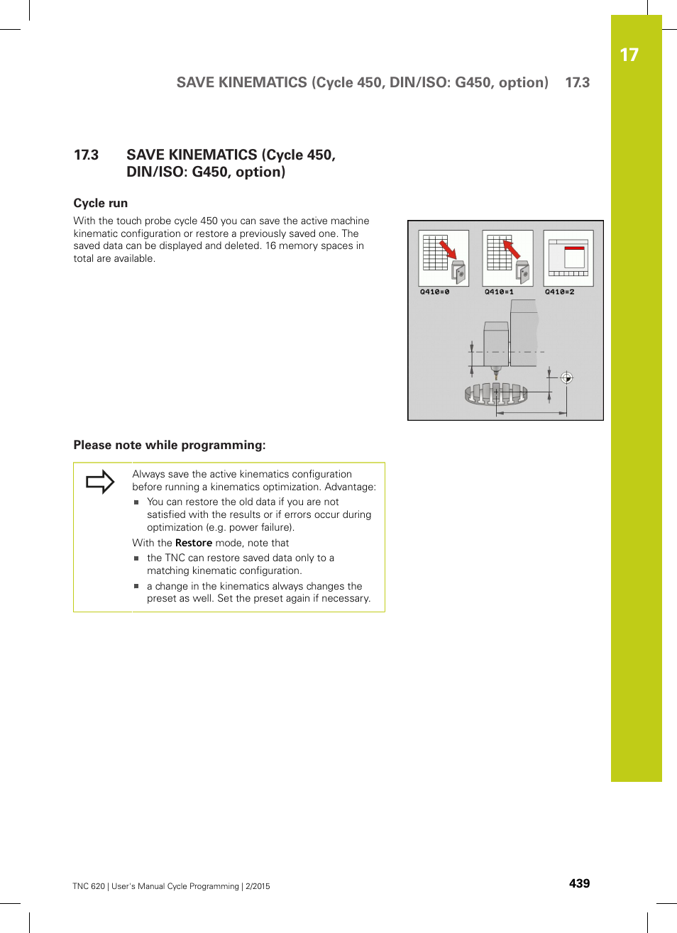 Cycle run, Please note while programming, Save kinematics (cycle 450, din/iso: g450, option) | HEIDENHAIN TNC 620 (81760x-02) Cycle programming User Manual | Page 439 / 490