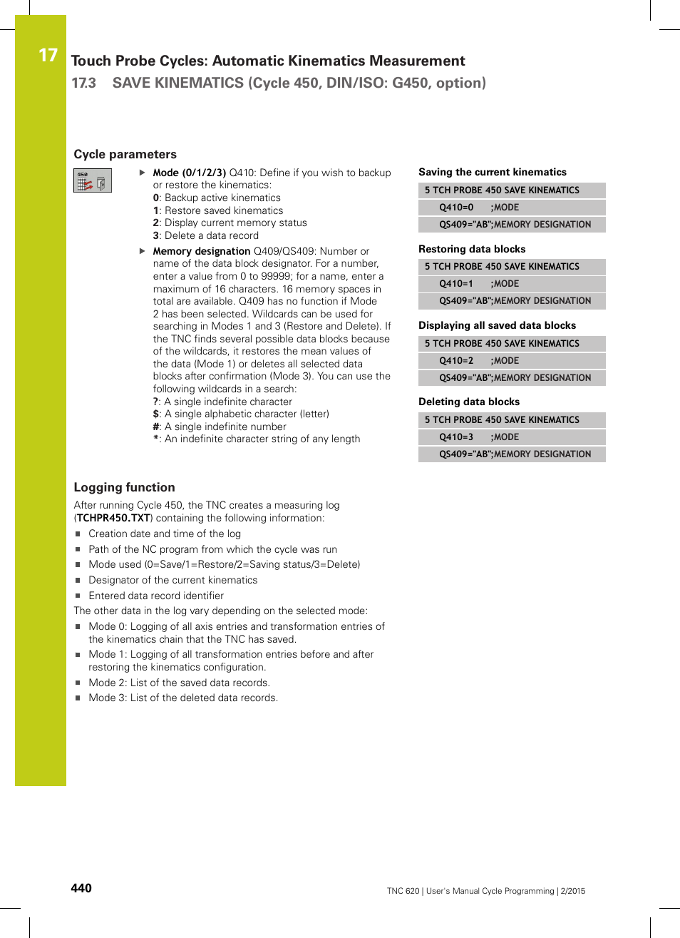 Cycle parameters, Logging function | HEIDENHAIN TNC 620 (81760x-02) Cycle programming User Manual | Page 440 / 490