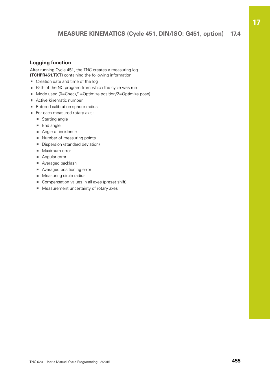 Logging function | HEIDENHAIN TNC 620 (81760x-02) Cycle programming User Manual | Page 455 / 490