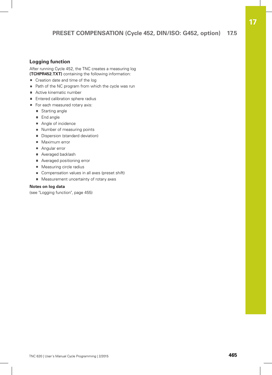Logging function | HEIDENHAIN TNC 620 (81760x-02) Cycle programming User Manual | Page 465 / 490